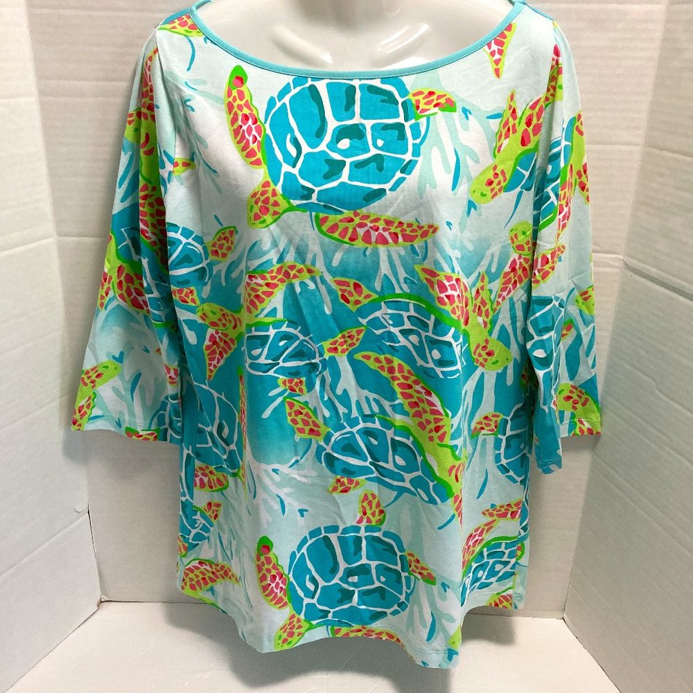 Ana Clare Resort Wear Top 3/4 sleeve soft stretchy turtle print turquoise L